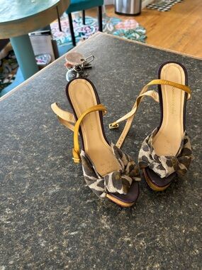 Charlotte Olympia Leopard Knot Open-Toe Heels with Yellow Straps